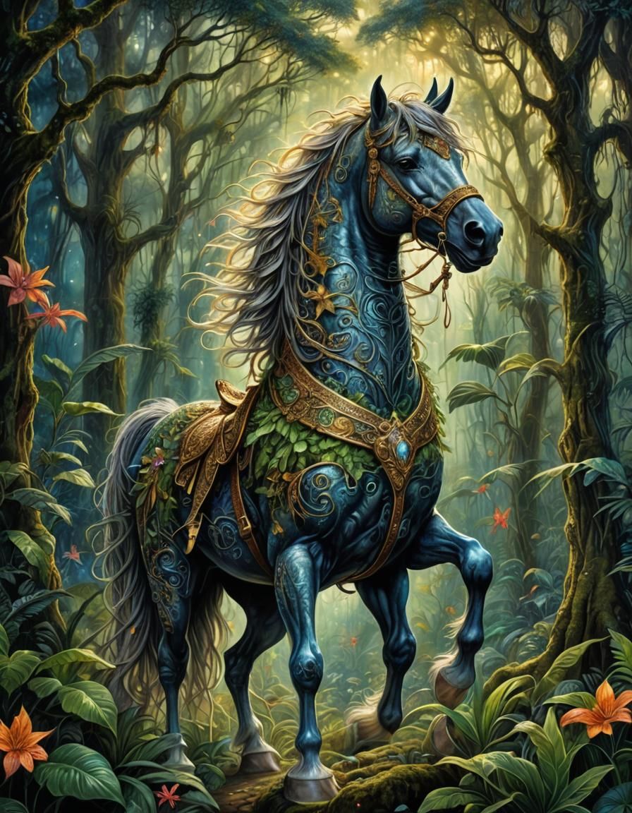 Enchanted Armored Horse in Surreal Jungle