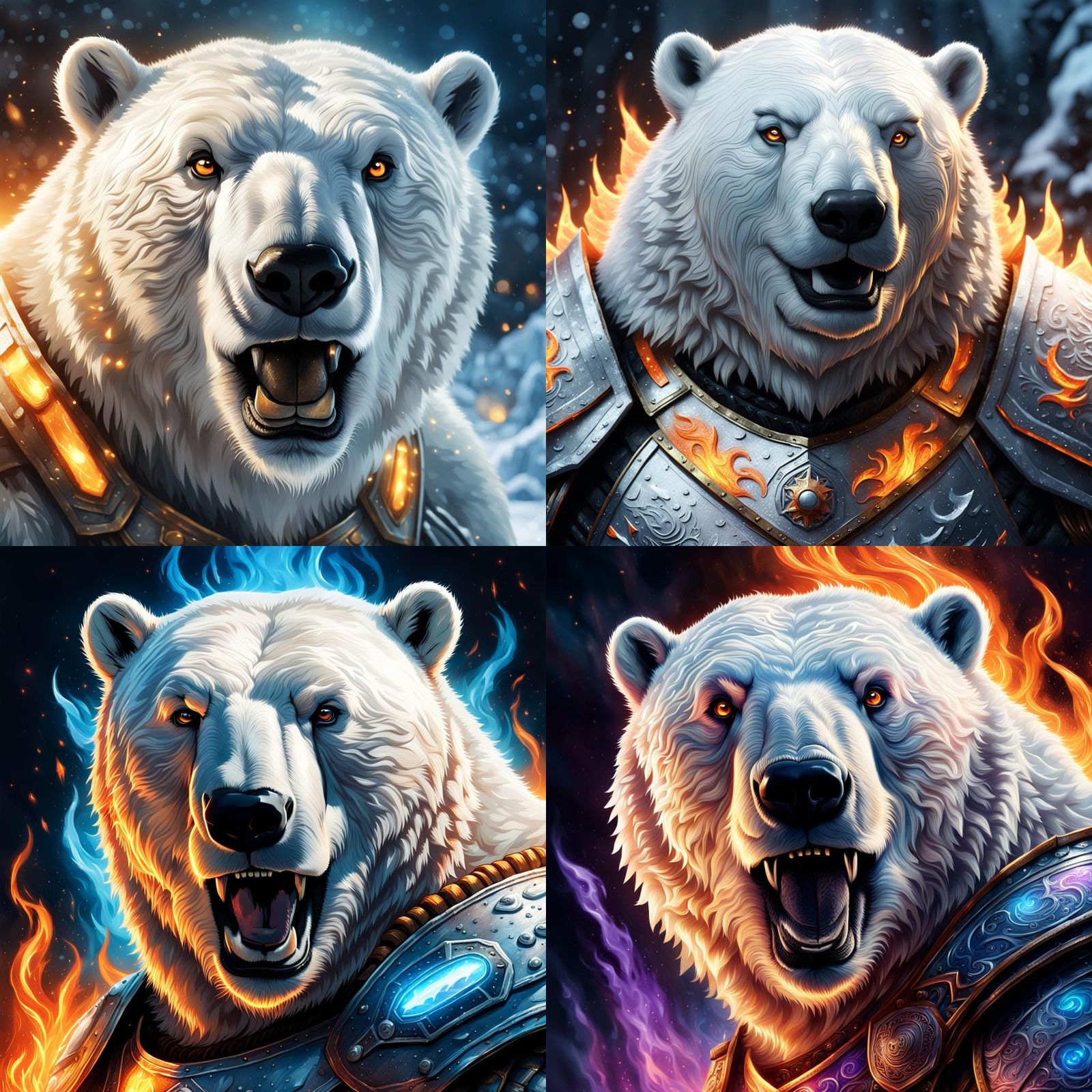 Armored Polar Bear with Fiery Emblems