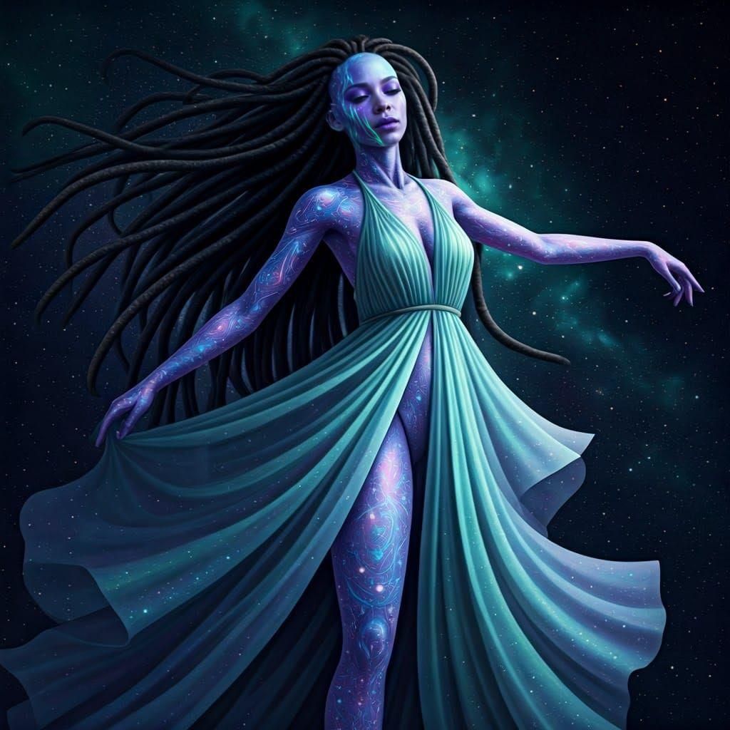 Alien with Aurora Dress Dancing Among Stars