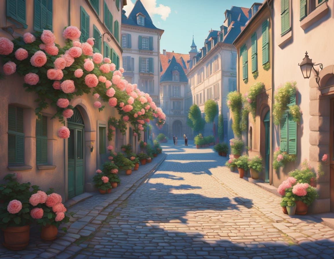 Impressionist Old European Cityscape with Roses in Bloom
