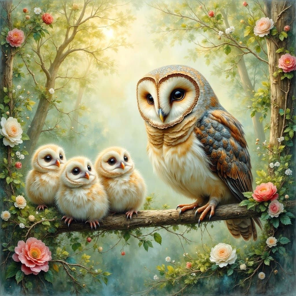 Baby Owls Arguing, Impasto Oil Painting with Dappled Sunligh...