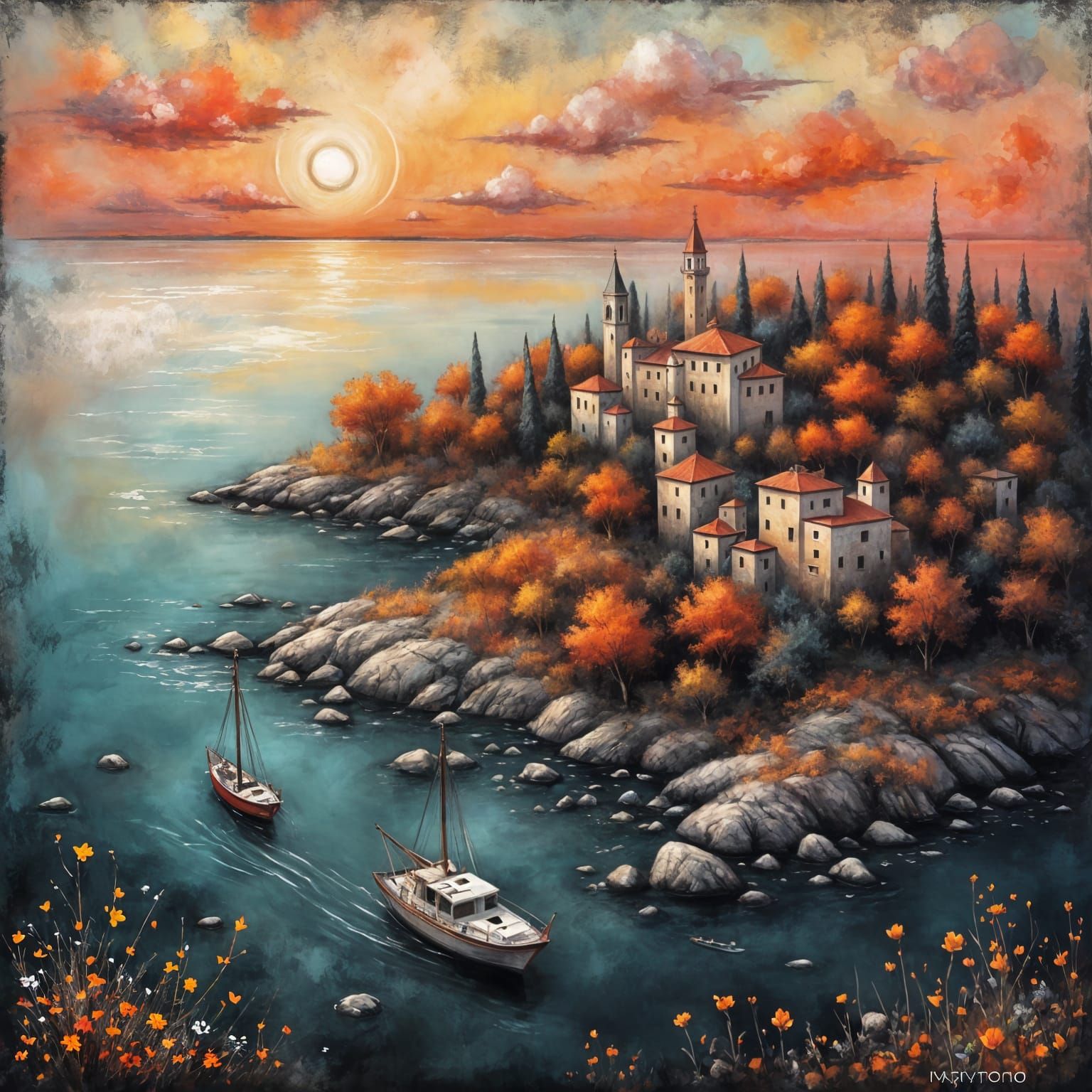 Poveglia Island: Crimson Charcoal Impressionist Aerial View