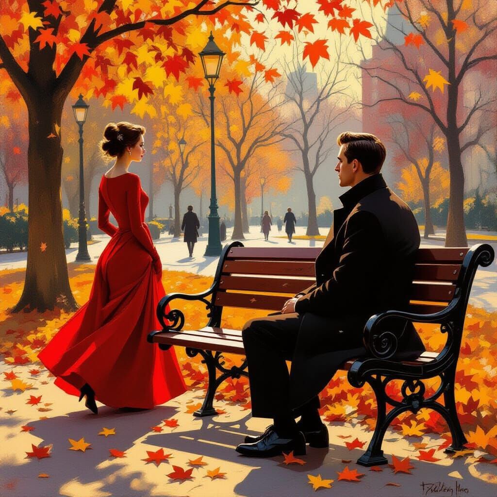 Man Gazes At Woman In Red Dress On Autumn Day