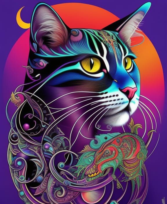Psychedelic Vector Cat in Art Nouveau Style