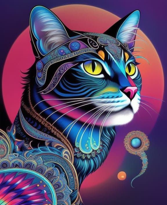 Psychedelic Vector Cat in Art Nouveau Style
