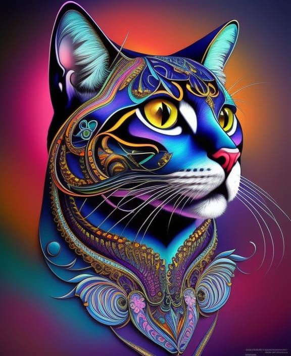Psychedelic Vector Cat in Art Nouveau Style
