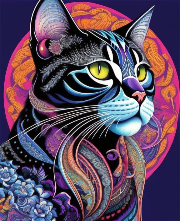 Psychedelic Vector Cat in Art Nouveau Style