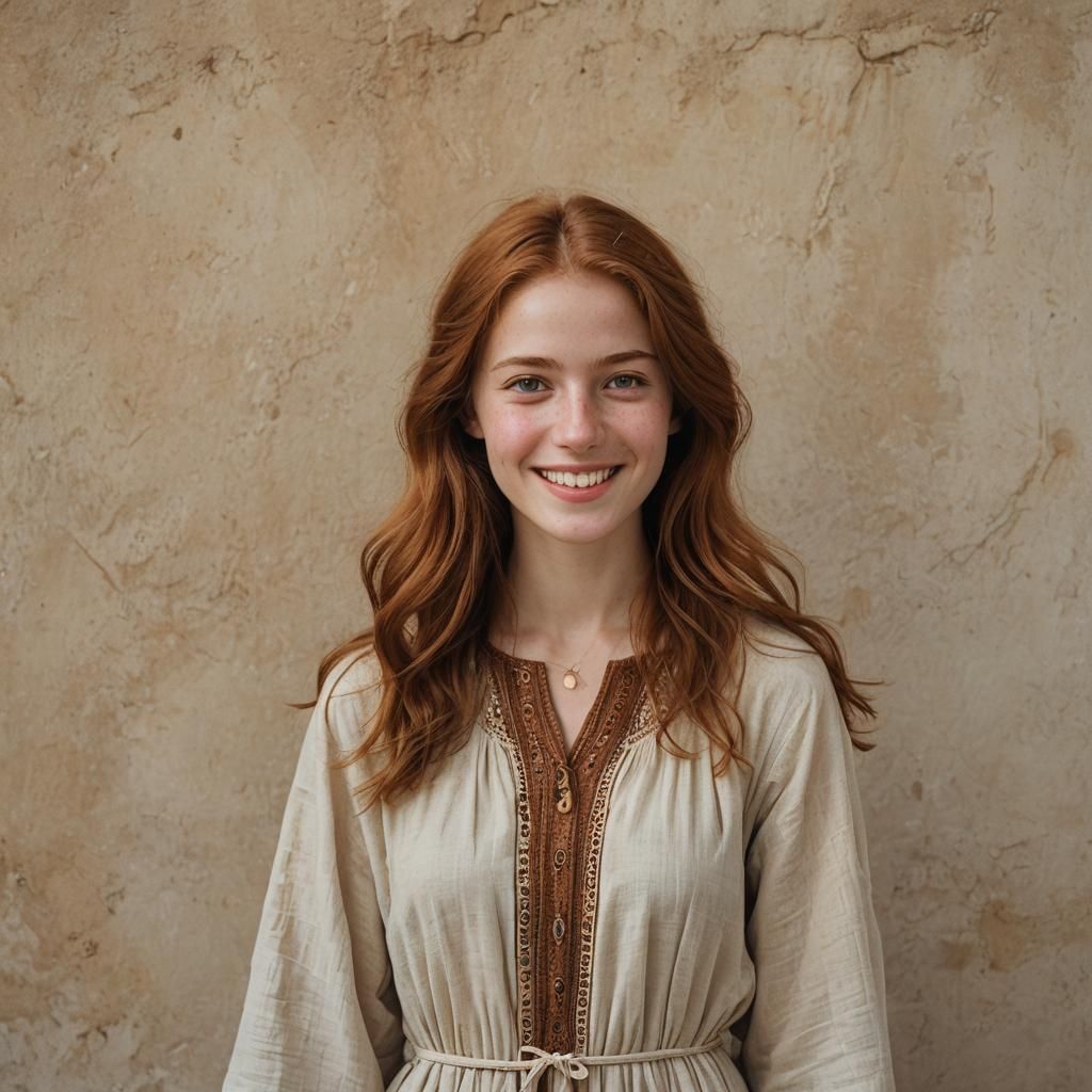 Red-Haired Woman in Worn Linen Dress