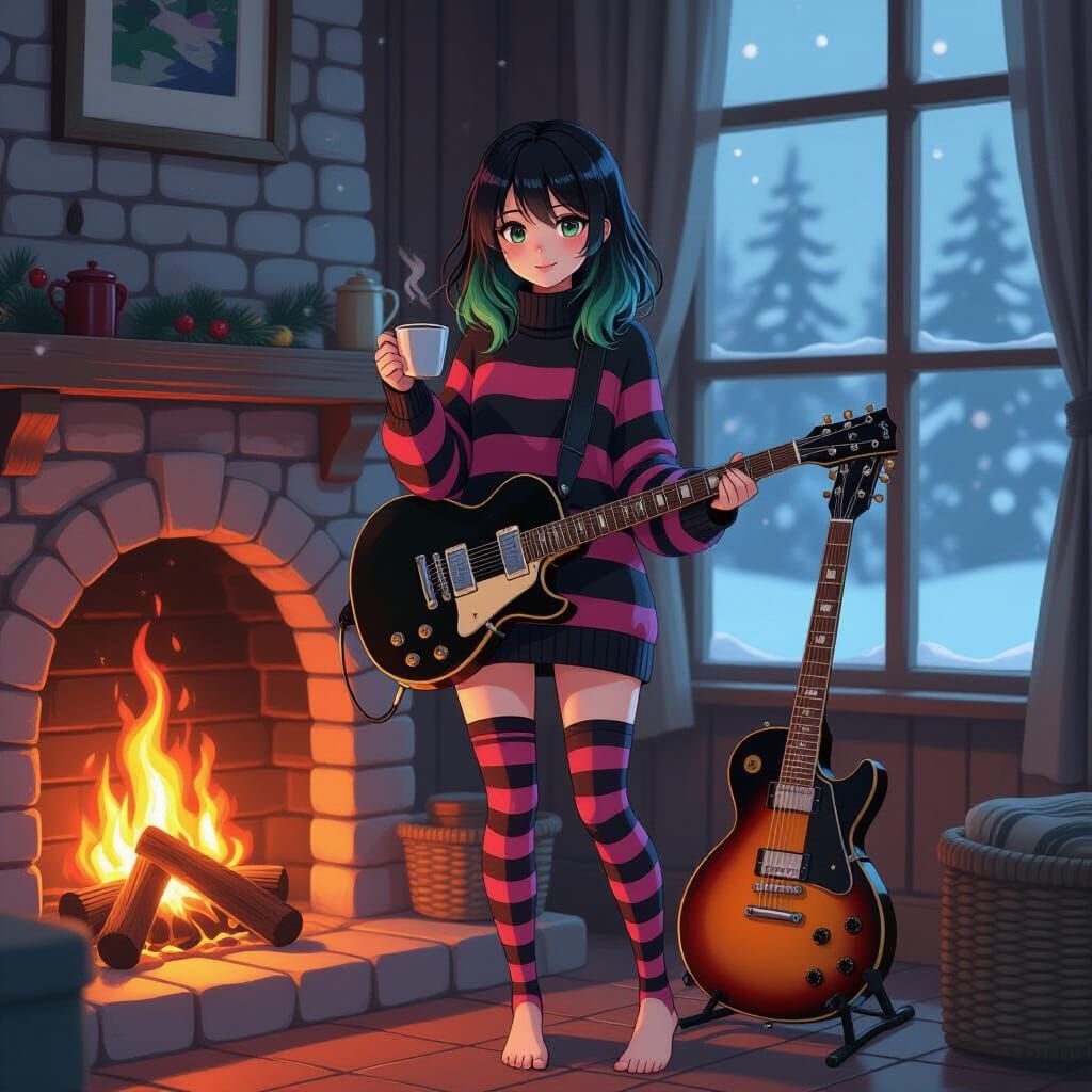 Anime Girl by Fireplace with Guitar and Coffee