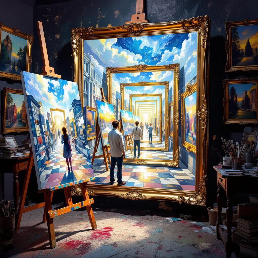 Infinite Recursive Paintings in Artist Studio, Escher Style