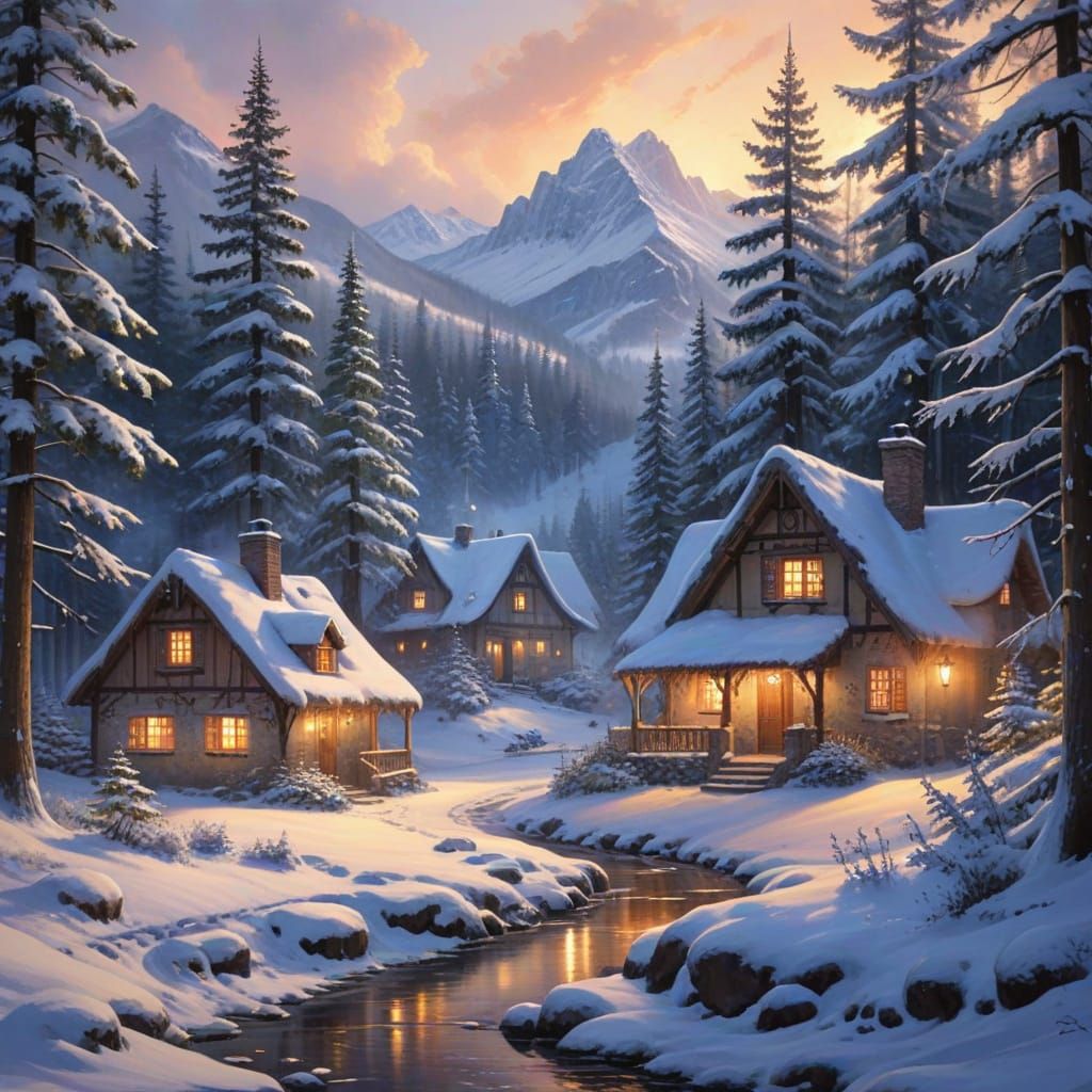 Cozy Winter Village in Snowy Forest: Watercolor Painting