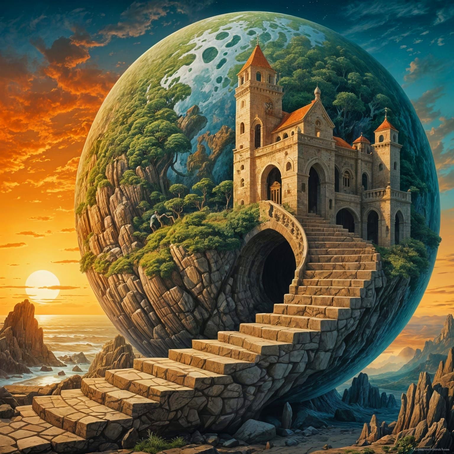 Surreal Earth Globe with Hispanic Woman and Cobbled Path