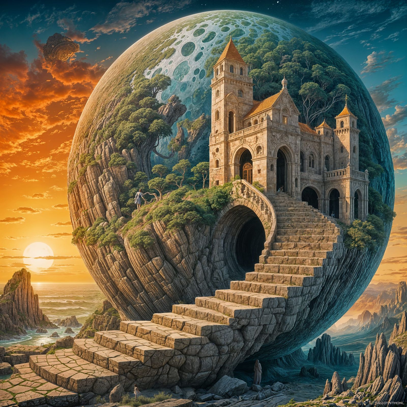 Surreal Earth Globe with Hispanic Woman and Cobbled Path