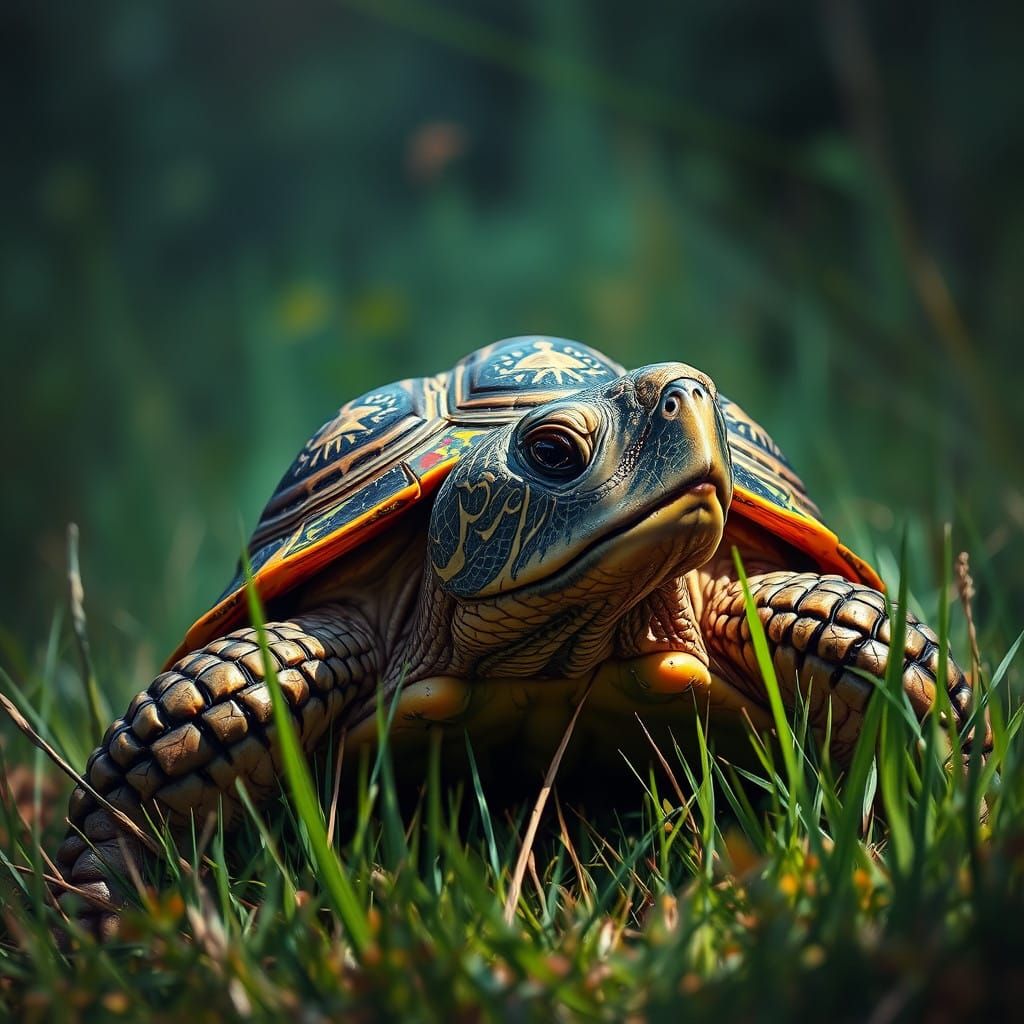 A Hyperrealistic Turtle in a Vibrant Grassland