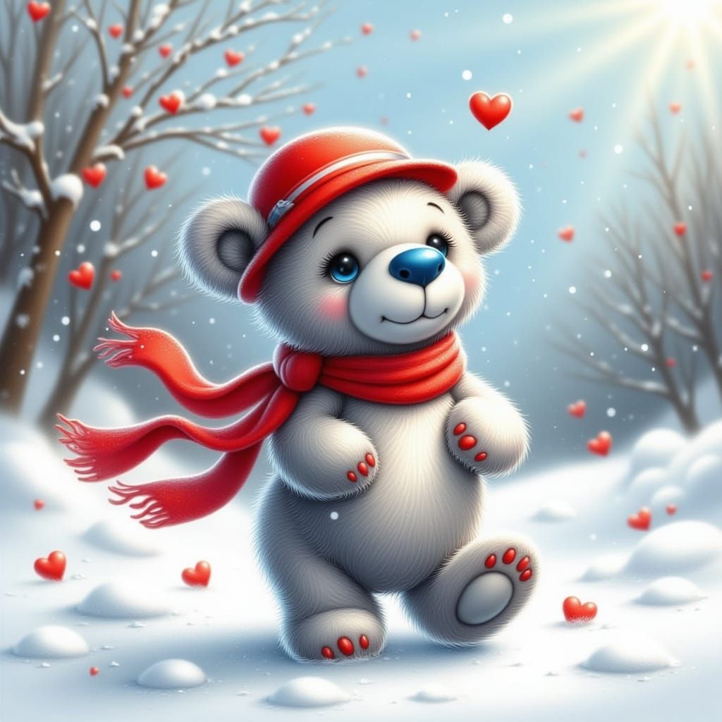 Tatty Teddy Bear Dancing in Snow with Red Scarf