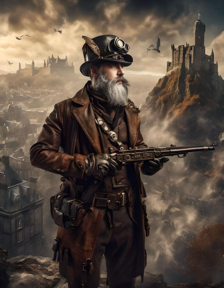 Steampunk Time Traveler in Edinburgh: Hyperreal Art