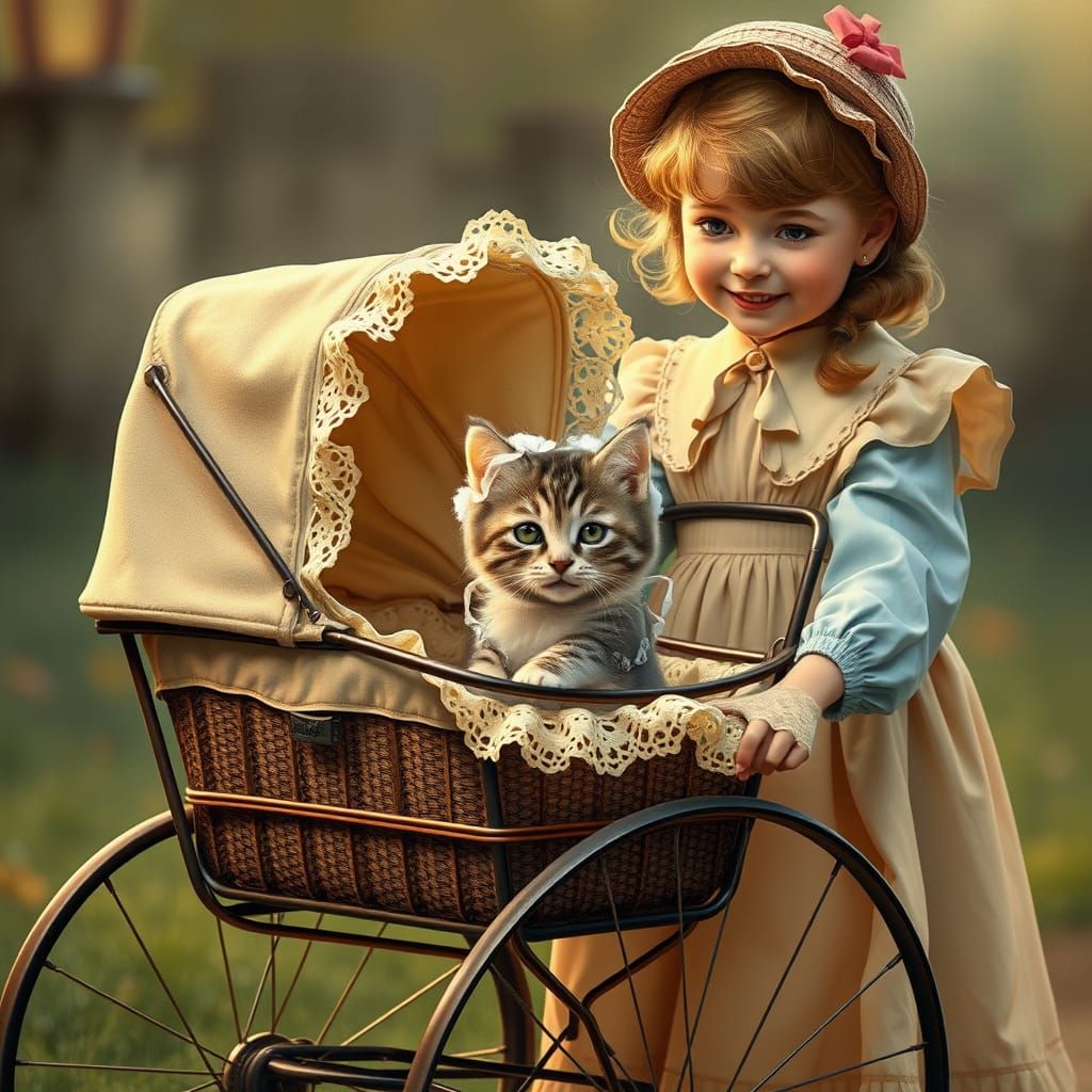 Nostalgic Scene: Girl Pushing Kitten in Carriage