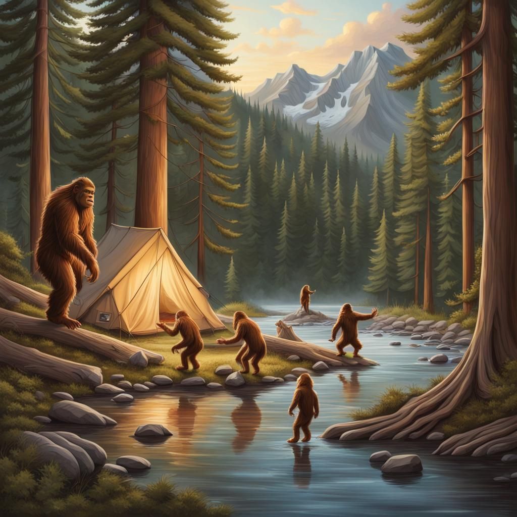 Hyperrealistic Sasquatch Family Camping in Forest
