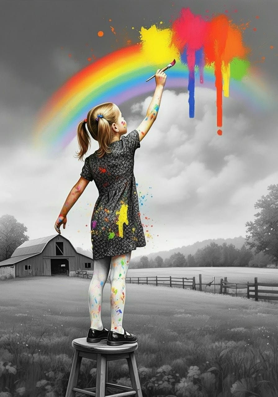 Vibrant Girl Paints Rainbow in Grayscale Landscape