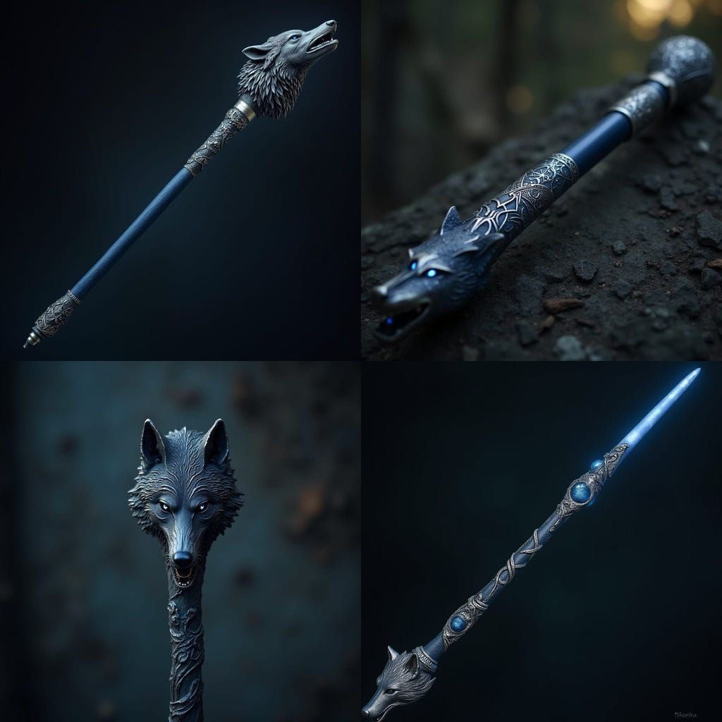 Mystical Navy Blue Wand with Wolf Head Design
