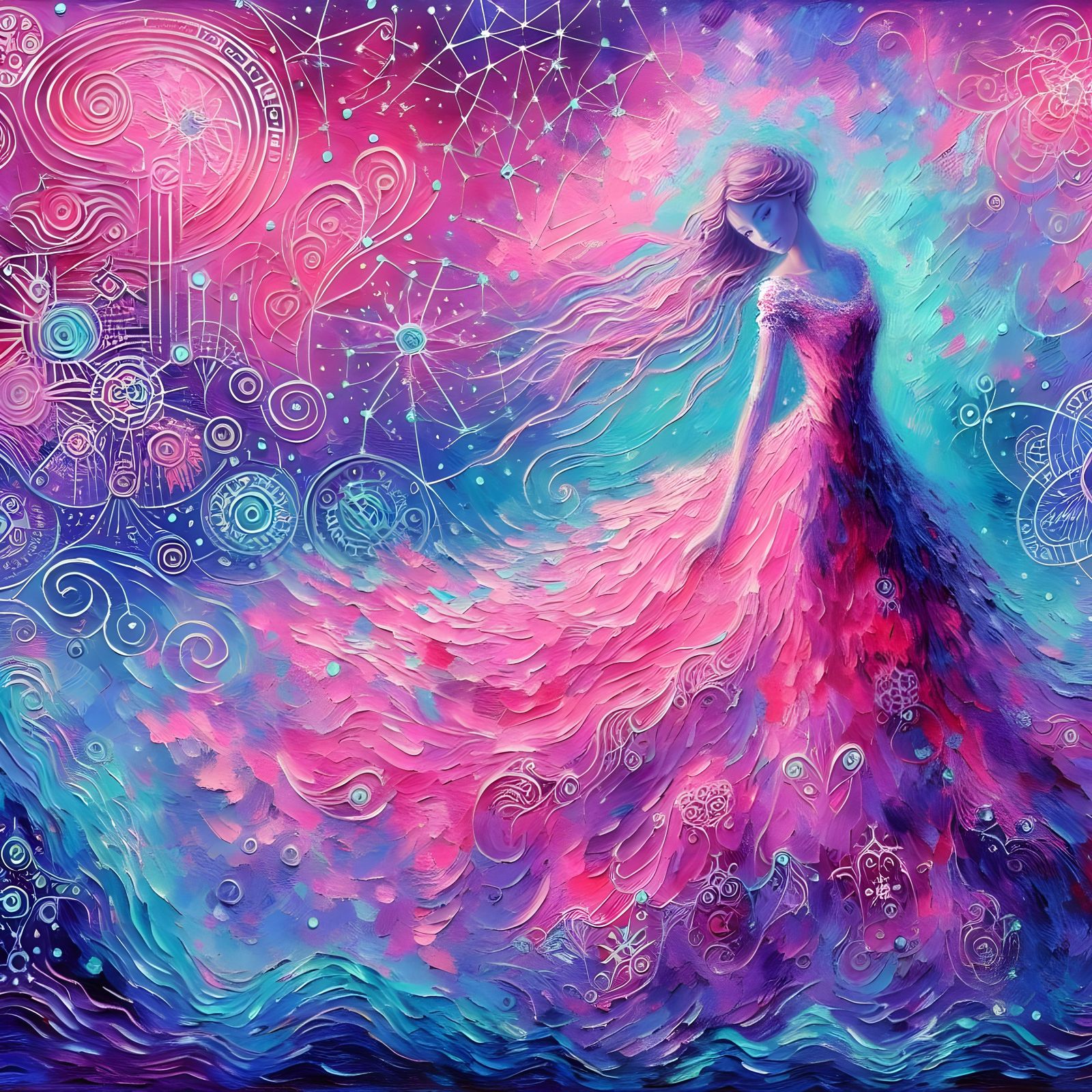 Dream Guardian Girl in Fuchsia & Turquoise Post-Impressionis...