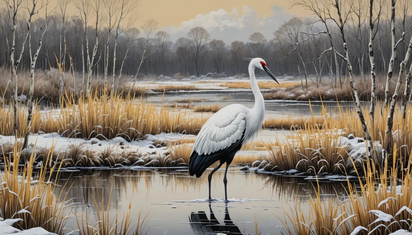 Crane in Winter Marshland: Digital Matte Painting