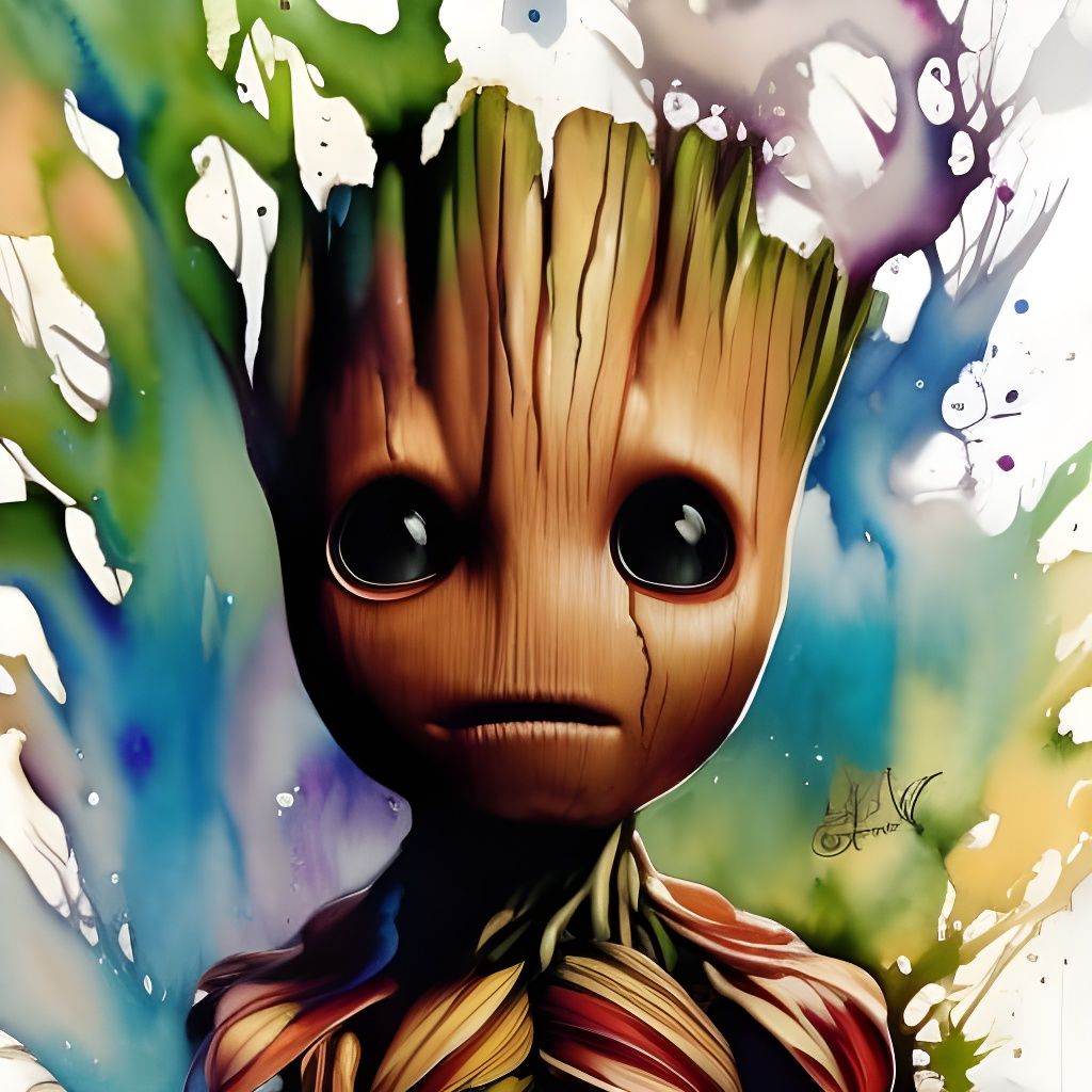 Happy Baby Groot Portrait in Watercolor Style