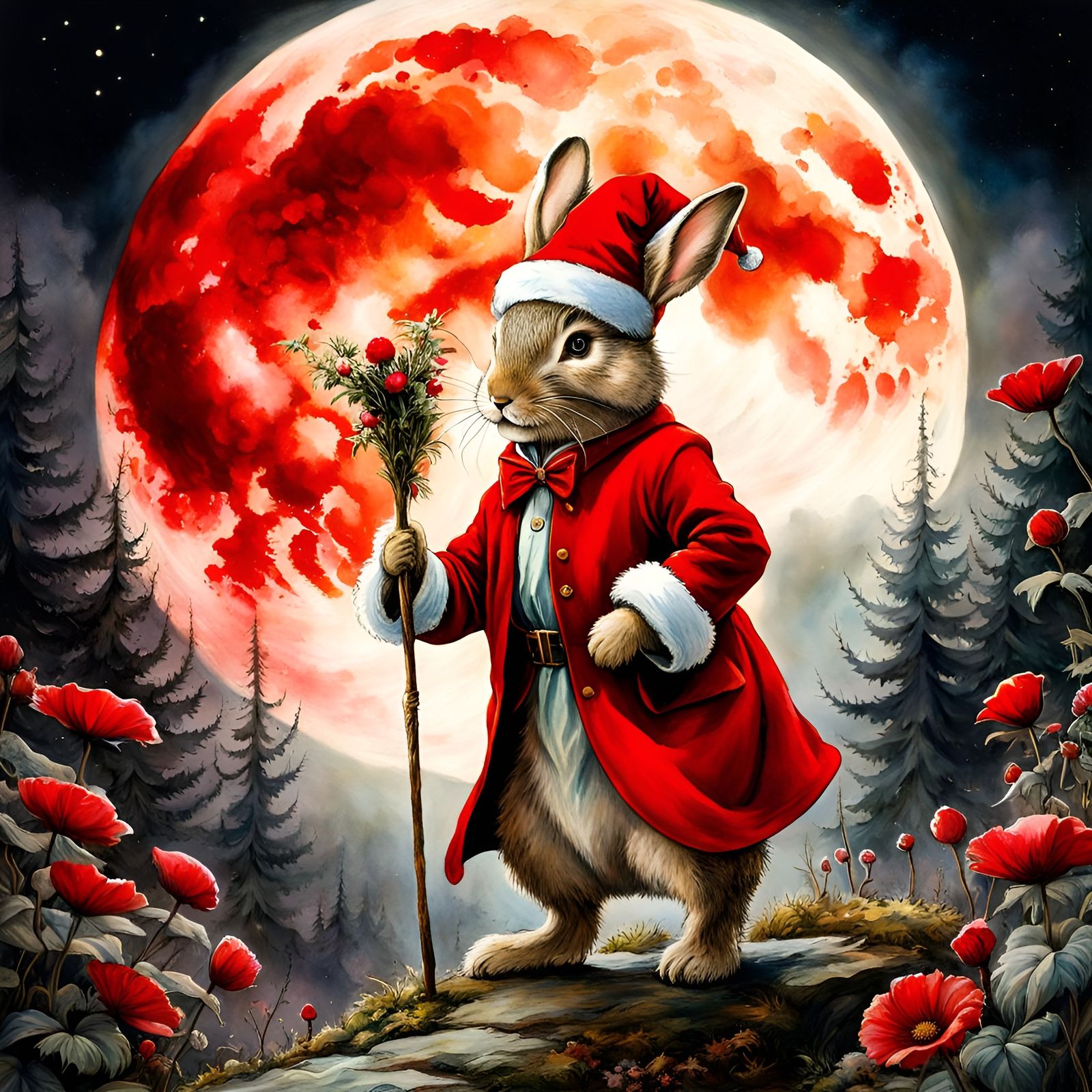 Fluffy Santa Rabbit in Magic Forest, Fairytale Illustration