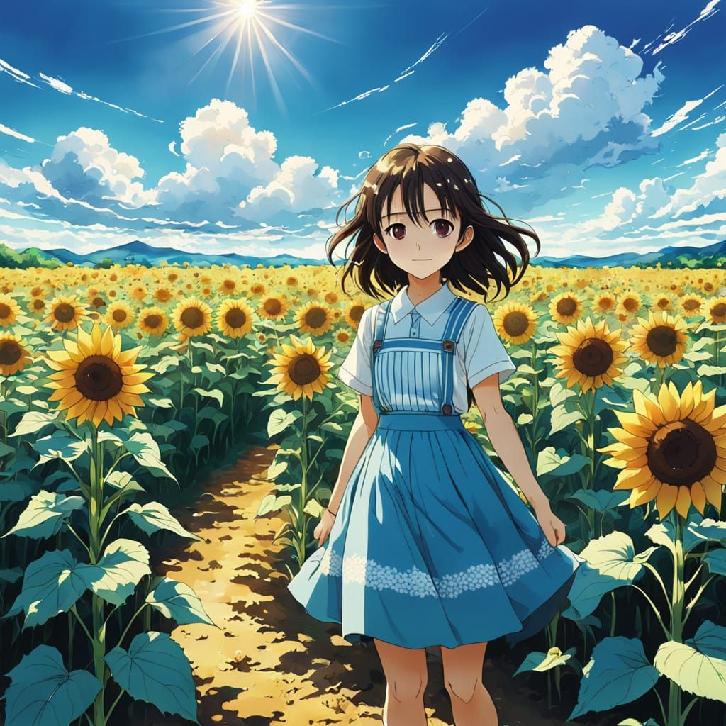 Surreal Anime Sunflower Field in Delicate Watercolor Style