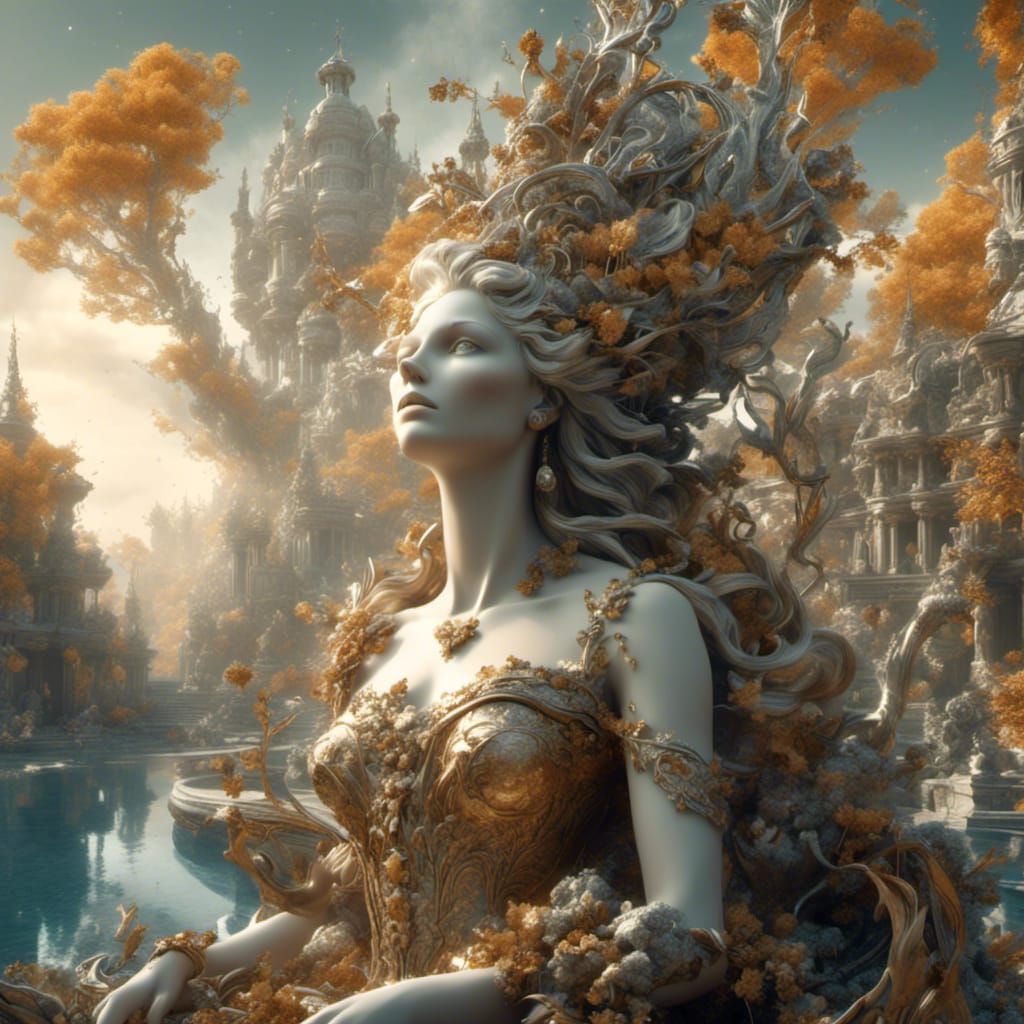 Hyperrealistic Aphrodite in Gold and Silver Splash Art