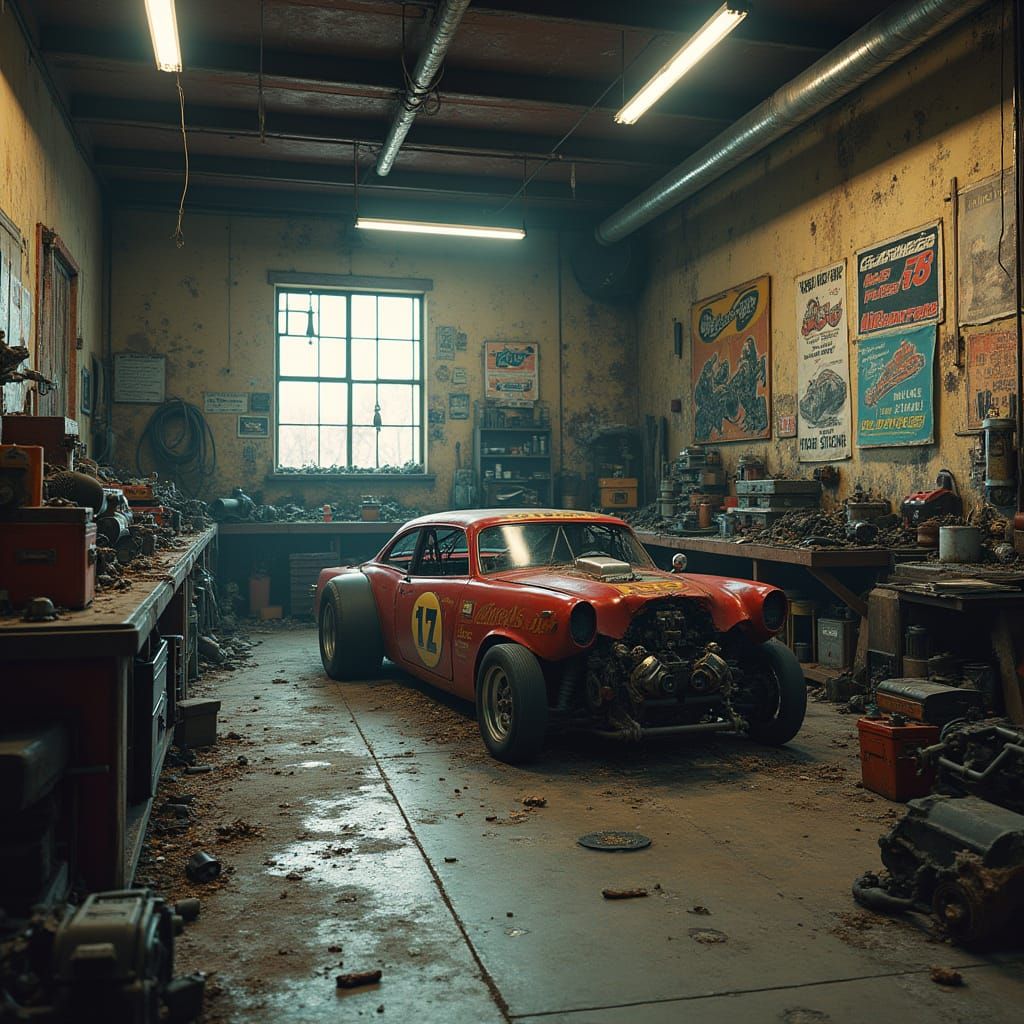 Gritty Drag Racer's Garage in High-Contrast Digital Matte Pa...