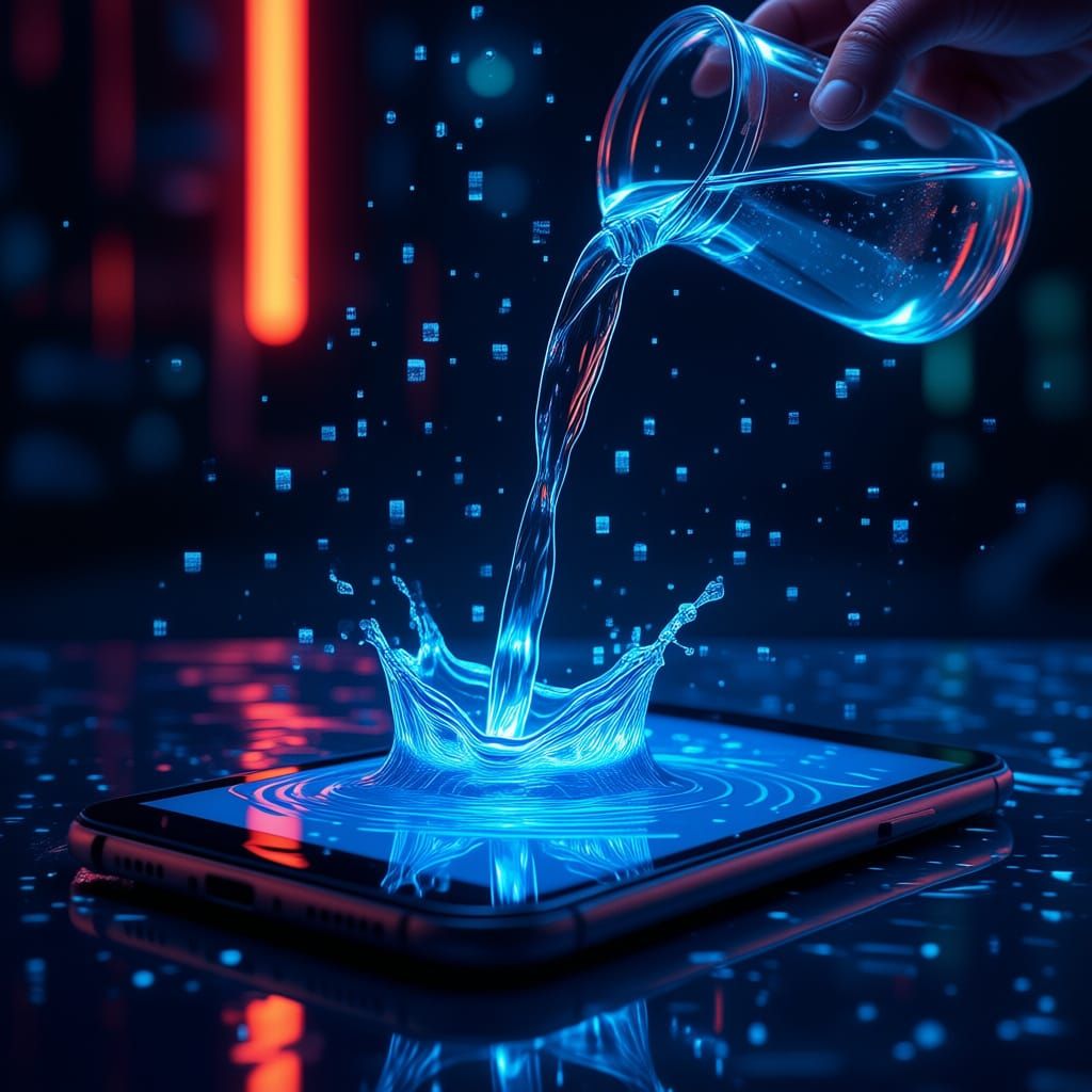 Water Pours From Pitcher Onto Smartphone, Digitizing