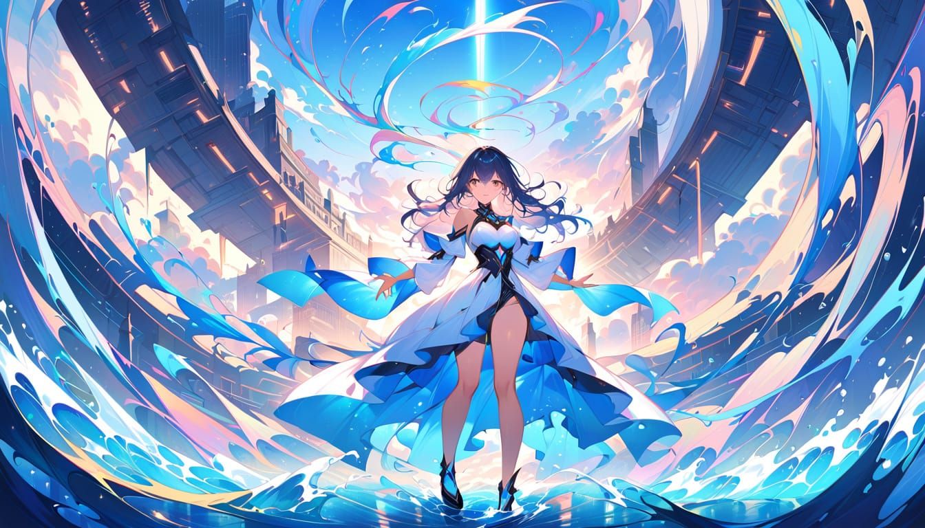 Surreal Woman in Flowing Water Dress Amidst Gravity-Defying ...