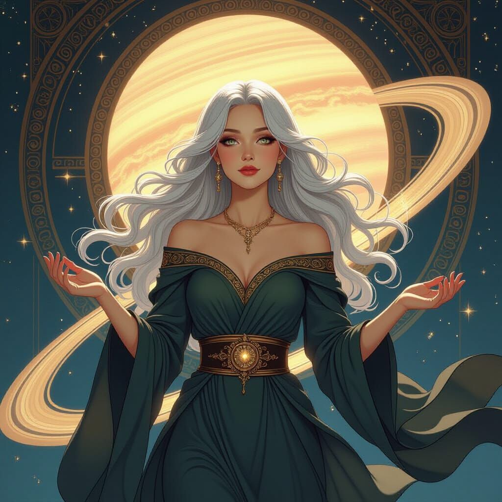 Celestial Librarian Among Saturn's Rings in Art Nouveau Styl...