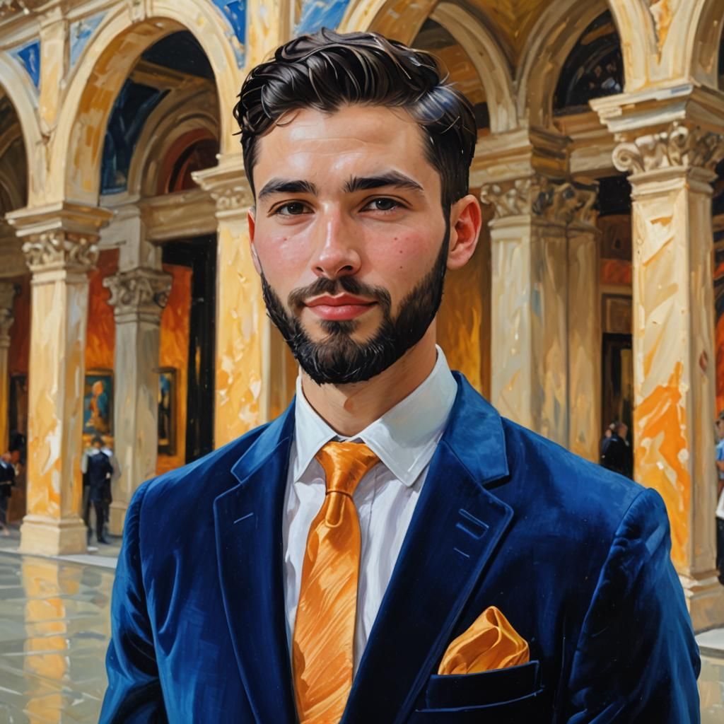 Handsome Man in Velvet Suit, Neo-Impressionist Portrait