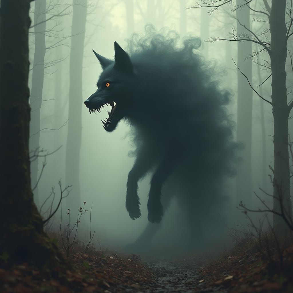 Eerie Lupine Figure in Misty Woodland