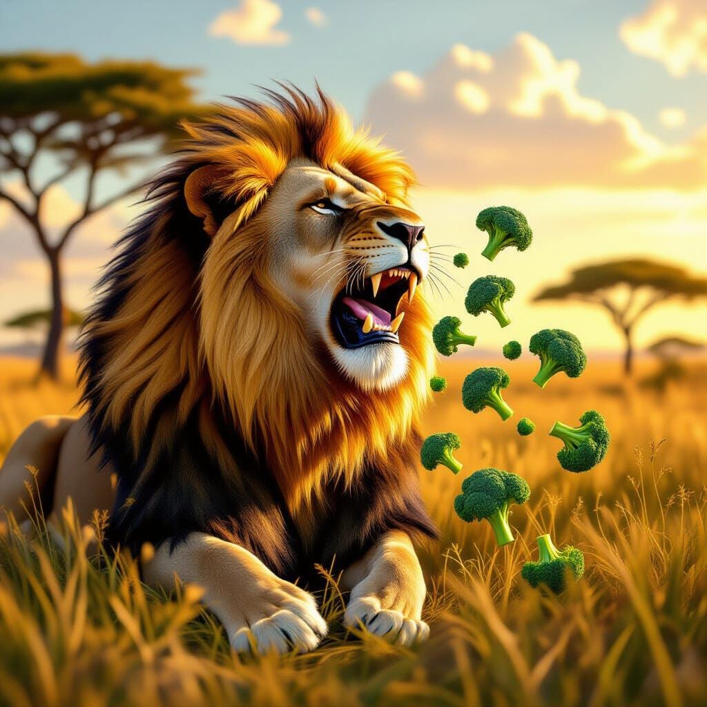 Lion Roaring Broccoli on Savanna in Golden Hour