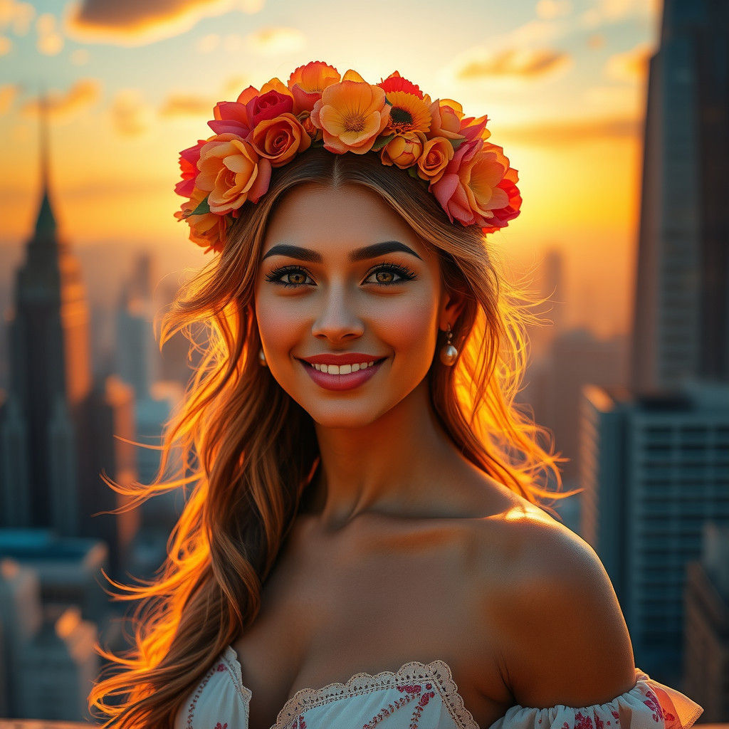 Confident Woman in Vibrant Cityscape, Hyperrealistic Digital...