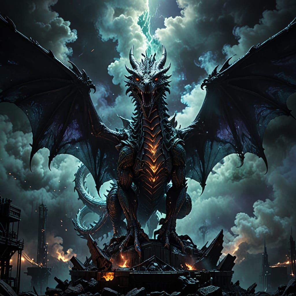 Cyberpunk Wyvern in a Gritty, Dreamlike Night Sky