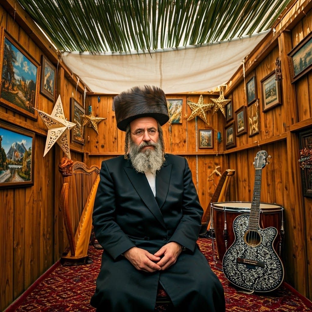 Hasidic Jew in Sukkah with Musical Instruments
