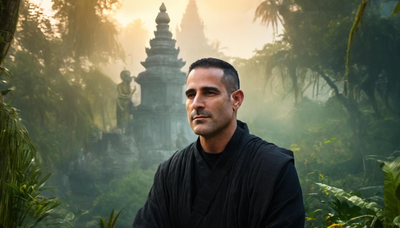 Monk Statue Meditating in Jungle, Cinematic Film Still