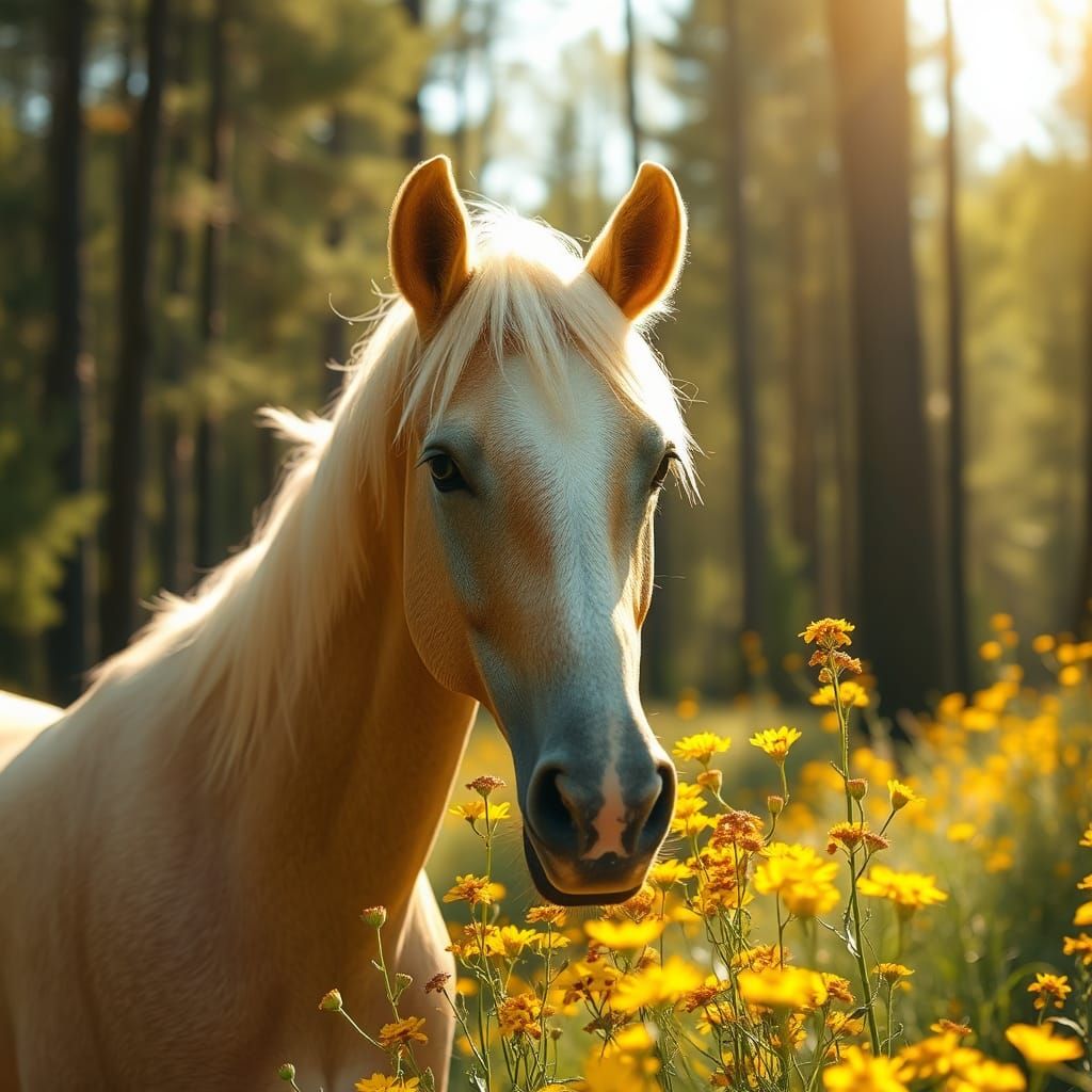 Palomino Horse Smelling Flowers in Sunny Forest