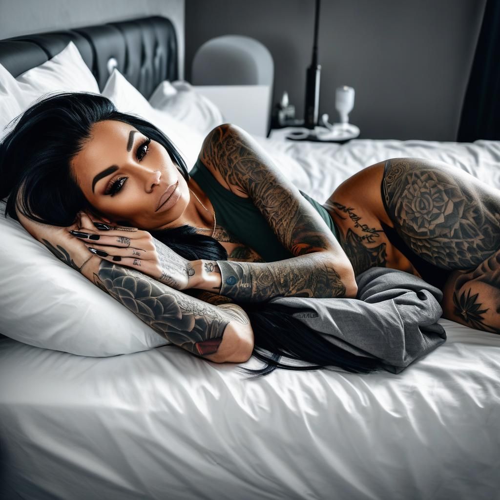 beautifully tattooed fit woman laying in bed detailed beauti...