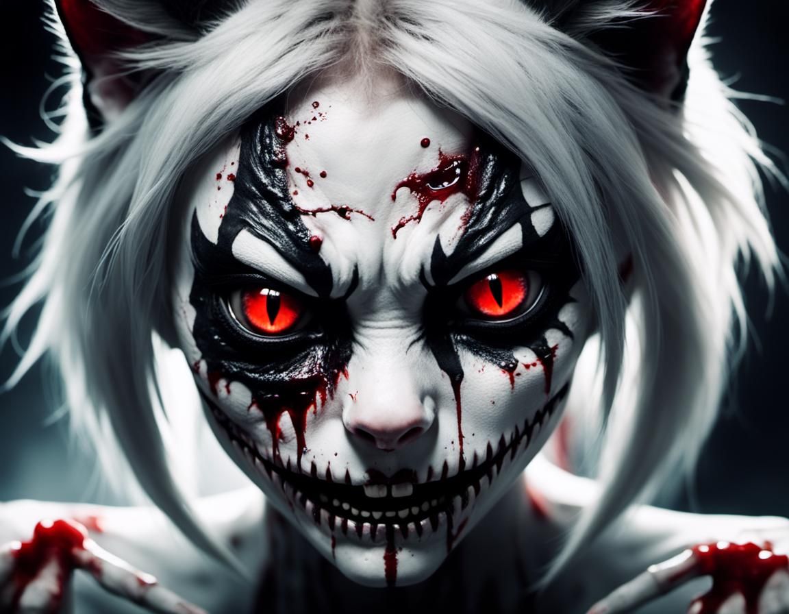 Creepy Cat-Humanoid with Bloody Fangs and Black Eyes
