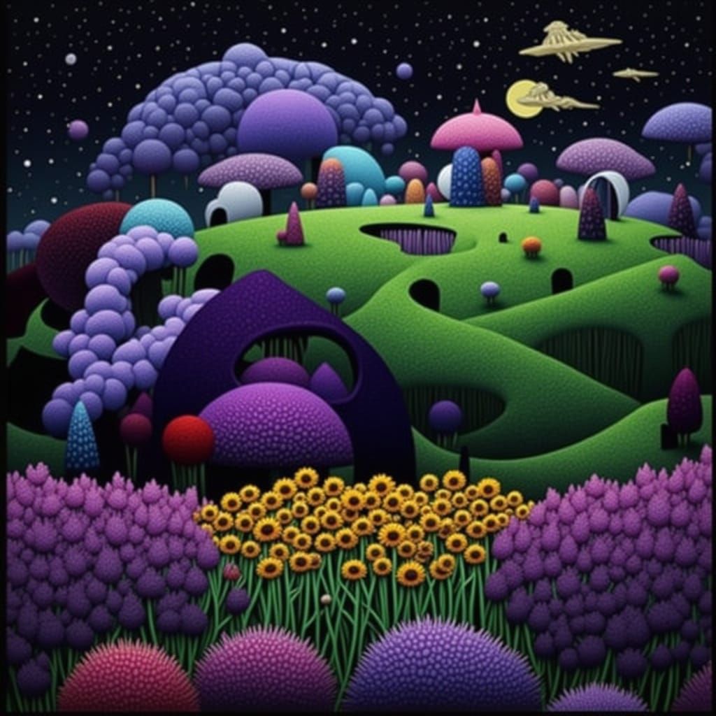 Abstract Creatures in Starry Meadow, Rufino Tamayo Style