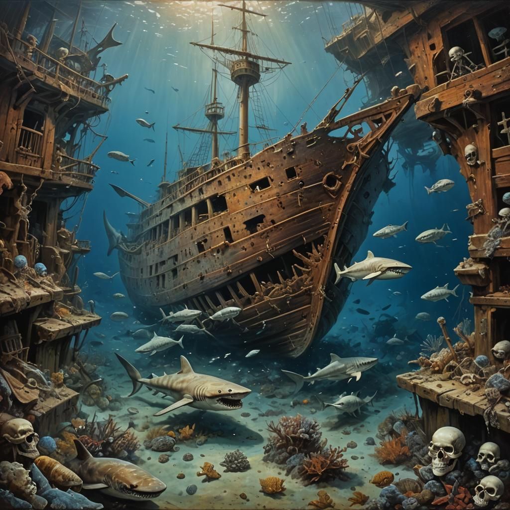 Underwater Shipwreck Scene with Sharks, Oil Painting