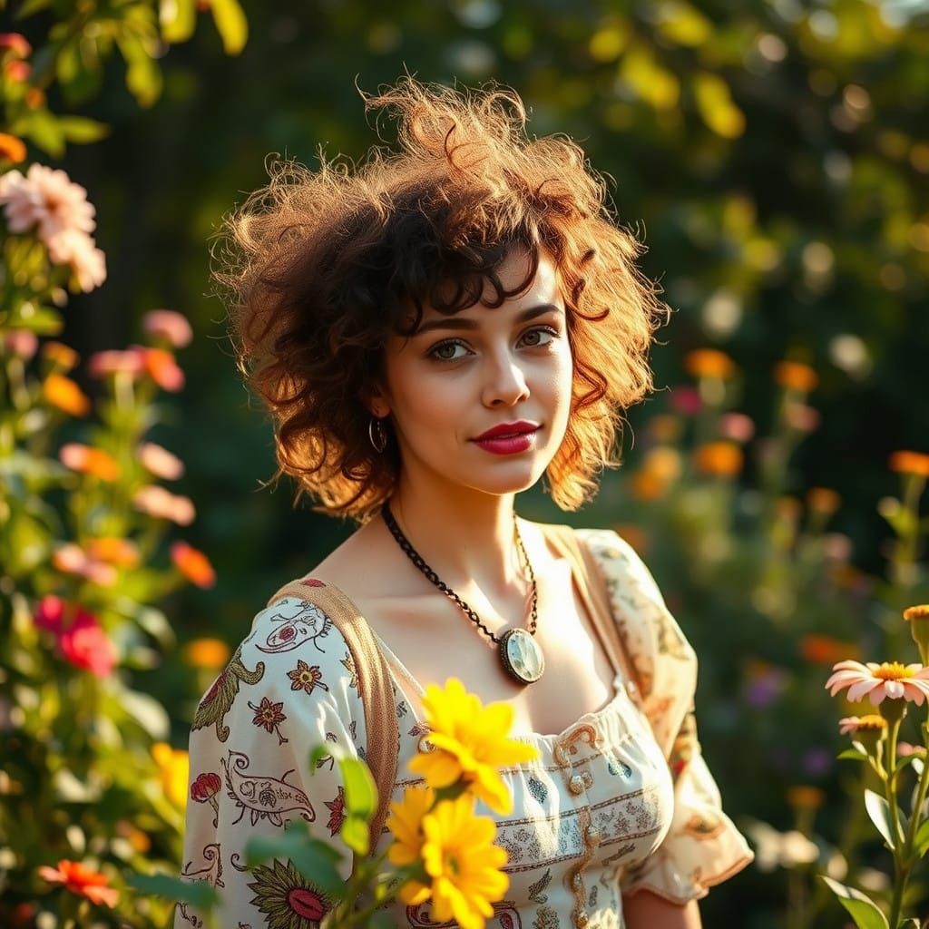 Woman in Lush Garden with Wild Hair and Vintage Clothing