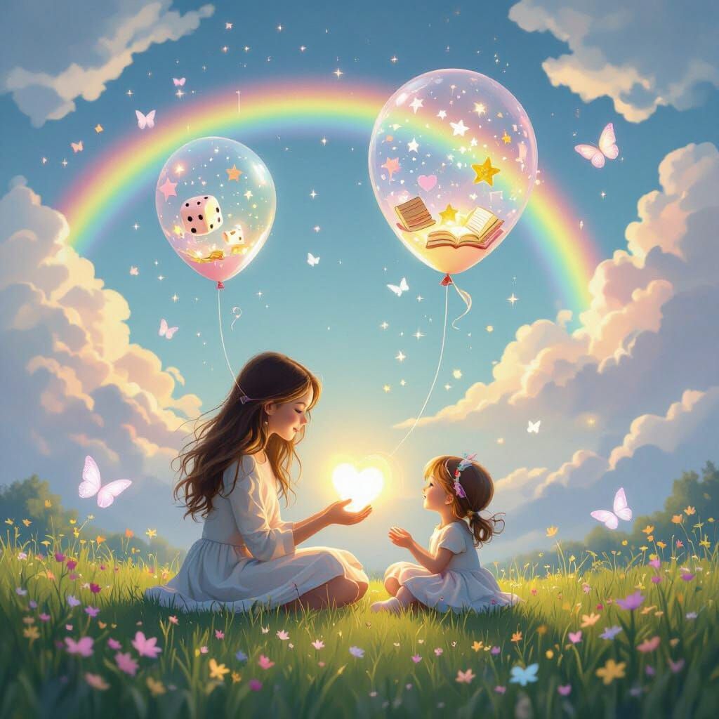 Magical Meadow Scene with Two Girls Holding Glowing Heart