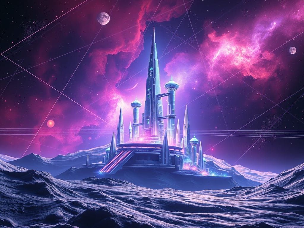 Moonlit Technocore Arcology in a Retro SF Nebula