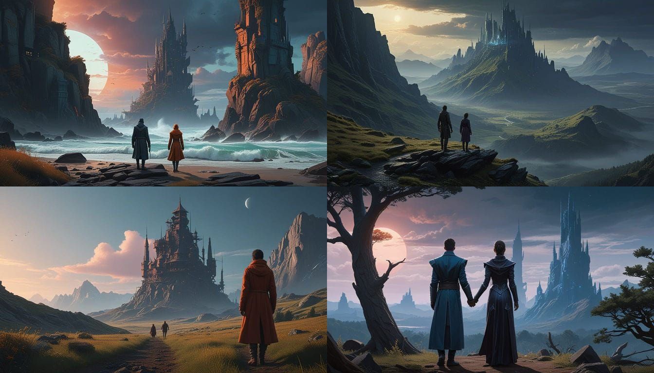 Couple Standing Against Epic Fantasy Darkness